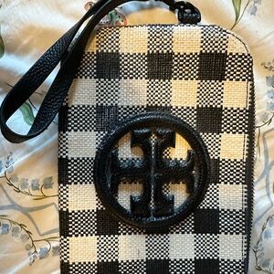 Tory Burch gingham wristlet in cream and black